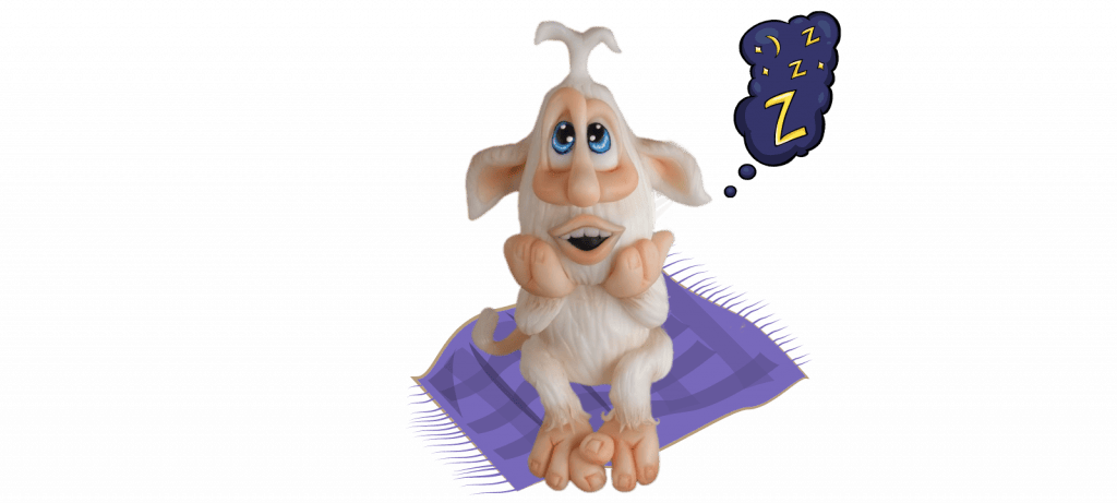 A cartoon creature with large ears and blue eyes sits on a blanket, daydreaming about sleep with "Z" symbols in a thought bubble. Perfect as a Booba-inspired fondant cake topper!