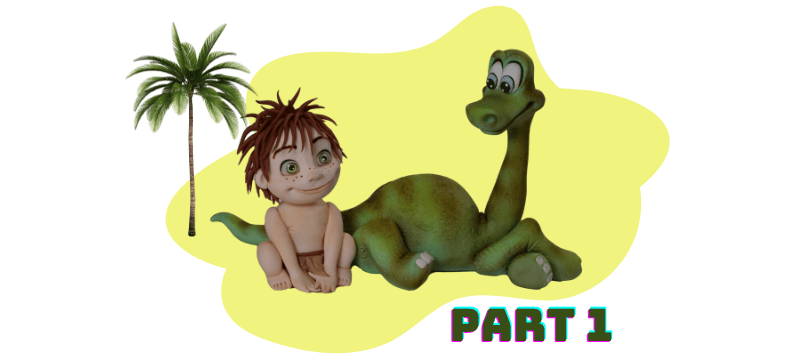A cartoon boy and a green dinosaur from "The Good Dinosaur" sit together near a palm tree with "Part 1" text below them on a yellow background, perfect for a fondant cake topper video tutorial.