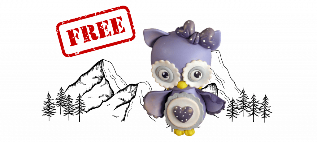 A cute, purple owl toy with a bow and heart detail, perfect as a fondant cake topper, with "FREE" stamped in red on the top left corner.