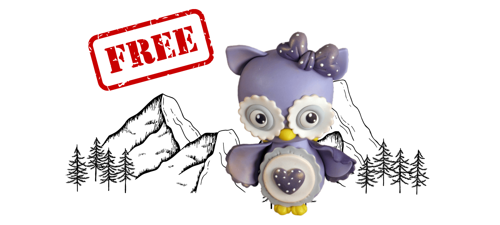 A cute, purple owl toy with a bow and heart detail, perfect as a fondant cake topper, with "FREE" stamped in red on the top left corner.