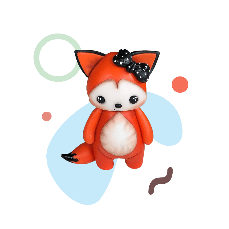 A cute fox figurine with a black polka-dot bow on its head, perfect as a cake topper, set against an abstract background with green, blue, and red shapes.