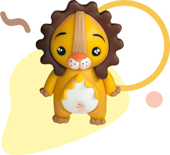 A cute, cartoonish lion figurine with a yellow body and brown mane stands against a colorful abstract background, perfect as a delightful cake topper for any celebration.