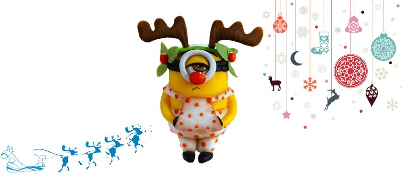 A yellow, one-eyed Minion with antlers, a red nose, and a Christmas onesie stands against a festive background with holiday ornaments. This adorable scene is perfect for a fondant cake topper in your next baking project or as inspiration for a holiday-themed video tutorial.