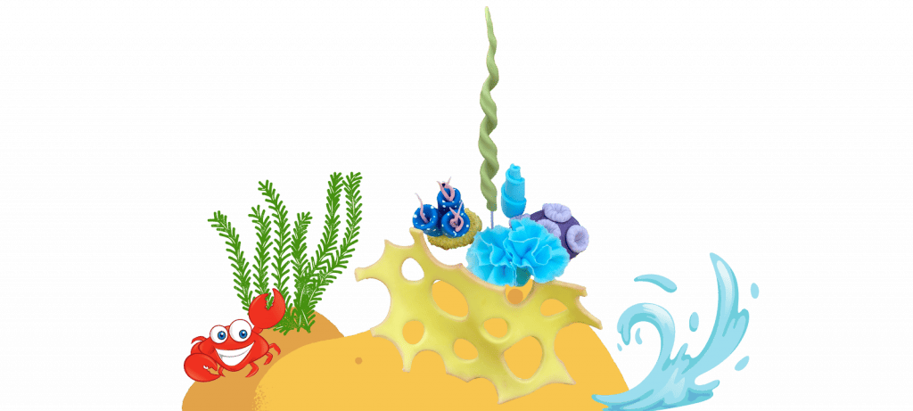 Colorful underwater scene with a smiling red crab, green seaweed, vibrant corals, and various marine decorations on a yellow rock—perfect for a video tutorial backdrop.