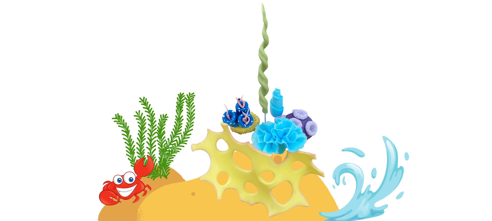 Colorful underwater scene with a smiling red crab, green seaweed, vibrant corals, and various marine decorations on a yellow rock—perfect for a video tutorial backdrop.