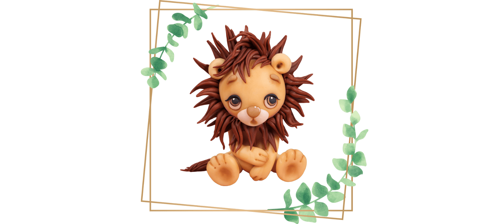 Illustration of Little Lion, a cute lion cub, sitting within a square frame adorned with leafy decorations on two corners. Perfect for a fondant cake topper or following along in a fun video tutorial.