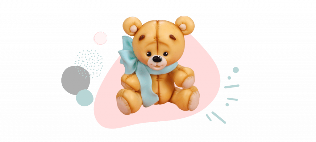 A digital illustration of a cute teddy bear wearing a blue scarf, set against a pink blob with decorative elements around, making it perfect as an adorable cake topper idea.