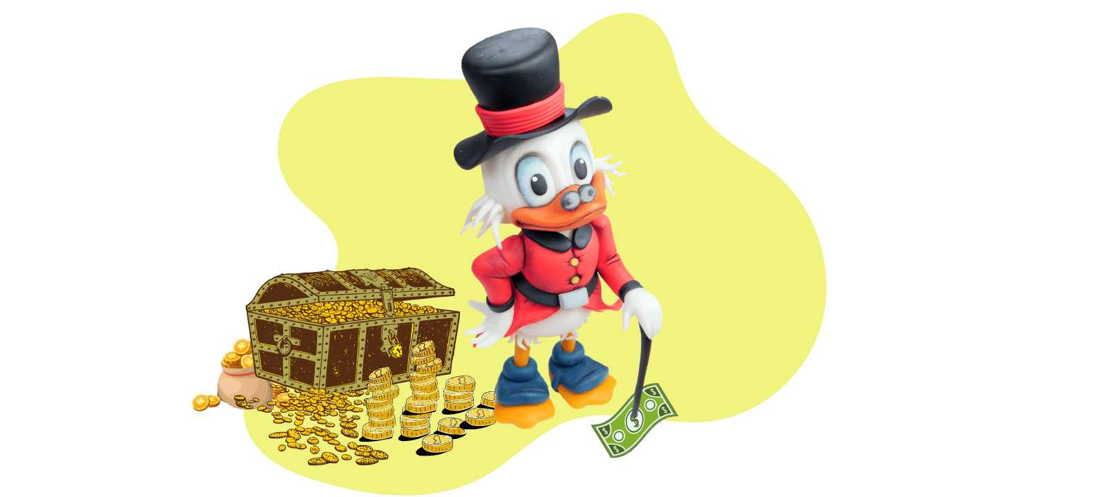 A fondant cake topper of Uncle Scrooge, the cartoon duck in a red coat and top hat, stands by a treasure chest overflowing with gold coins, holding a money bill. Perfect for cake enthusiasts crafting their next masterpiece with the help of a video tutorial!