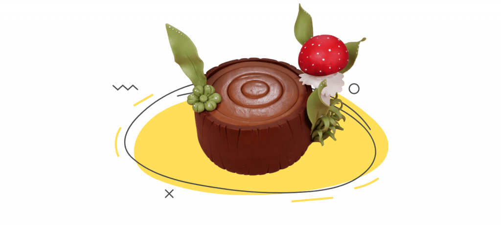A chocolate cake decorated to resemble a tree stump with green leaves, red mushroom-shaped decorations, and a yellow background. Perfect for woodland-themed parties, this wood log decoration is easy to create. Check out our video tutorial for step-by-step instructions!