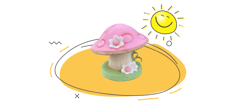 A smiling sun shines above a whimsical pink mushroom adorned with delicate white and pink flower decorations, all set against a vibrant yellow background.