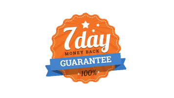 Orange badge with text "7 day money back guarantee 100%" and a blue ribbon underneath. Stars decorate the badge.