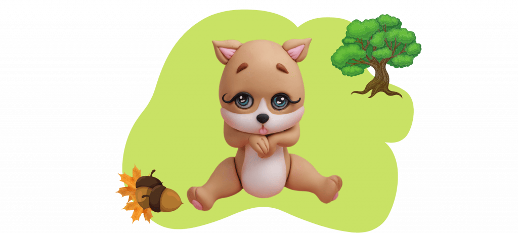 A cute, wide-eyed animated Forest Squirrel sits with paws together, surrounded by an acorn, leaves, and a tree on a green background.