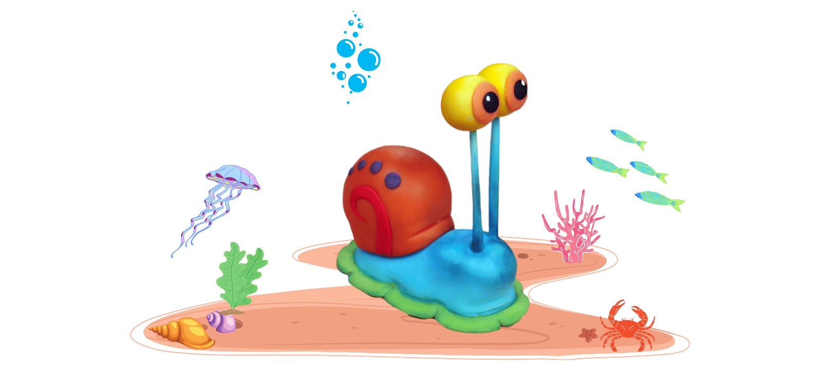 A colorful cartoon snail with large yellow eyes on stalks, reminiscent of Gary from SpongeBob SquarePants, surrounded by underwater elements like fish, coral, and a jellyfish. Perfect as a fondant cake topper for themed parties.