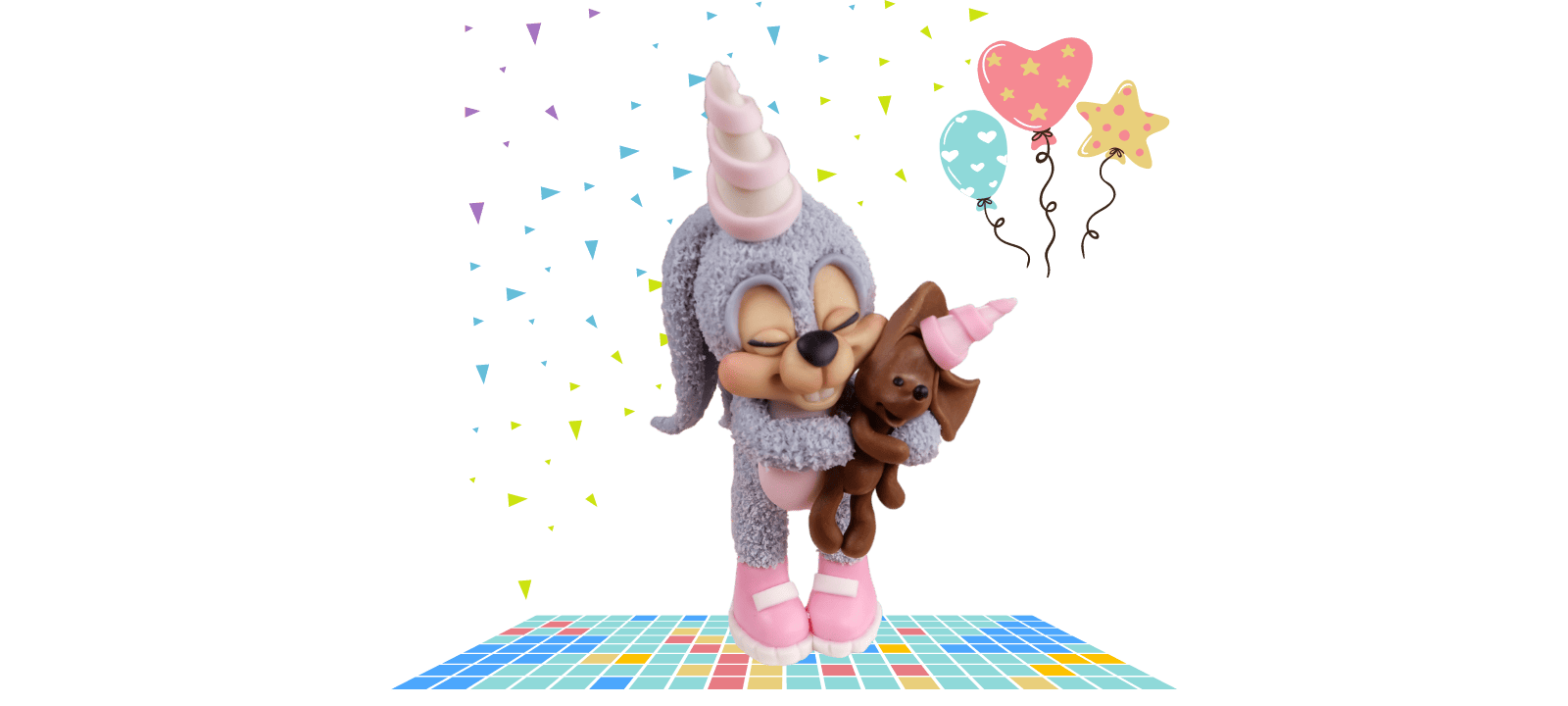 A cute cartoon dog in a unicorn costume hugging a small stuffed dog, with colorful balloons and confetti in the background—a perfect fondant cake topper idea.