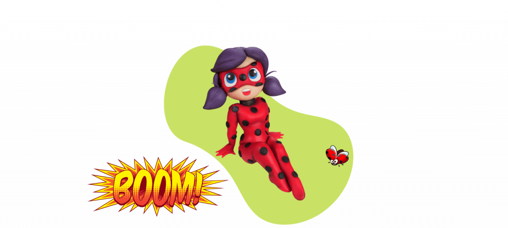 Animated character in a red and black polka-dotted suit with a mask, and pigtailed hair. A "BOOM!" graphic, a small ladybug nearby, just like the perfect fondant cake topper you'd find in a detailed video tutorial.