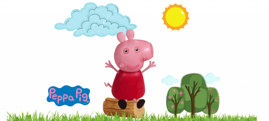 Peppa Pig fondant cake topper sits on a log in a grassy field with trees, a sunny sky, clouds, and the Peppa Pig logo nearby. Perfect for following along with your favorite video tutorial!