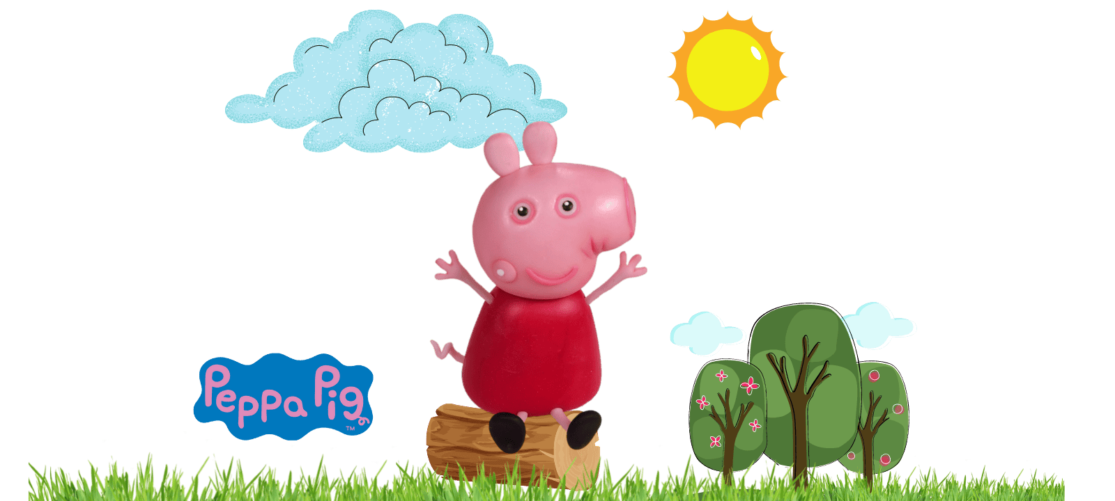Peppa Pig fondant cake topper sits on a log in a grassy field with trees, a sunny sky, clouds, and the Peppa Pig logo nearby. Perfect for following along with your favorite video tutorial!