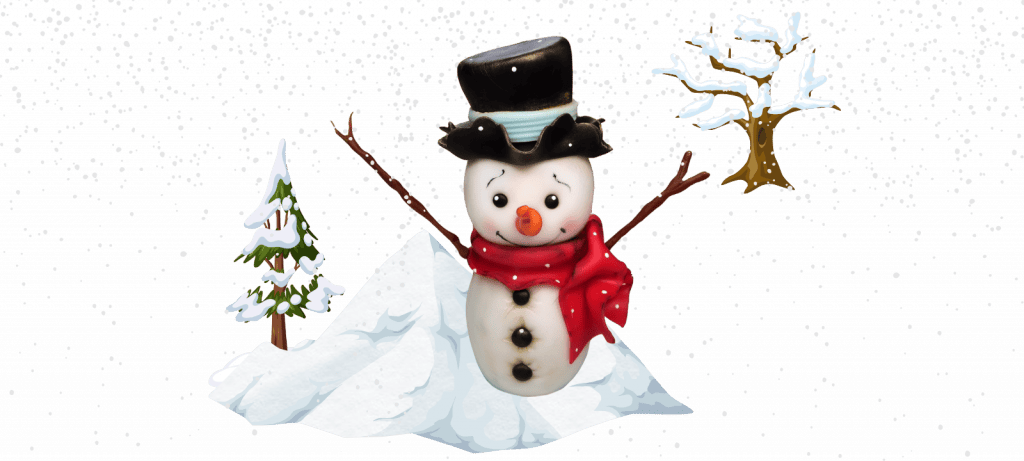 Snowman fondant topper with a black hat and red scarf on snowy ground. Snowfall, pine tree, and leafless tree in the background.