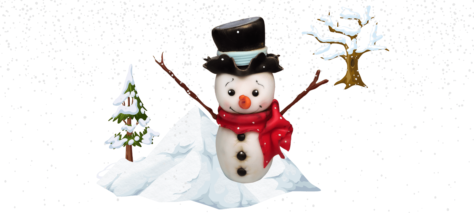 Snowman fondant topper with a black hat and red scarf on snowy ground. Snowfall, pine tree, and leafless tree in the background.