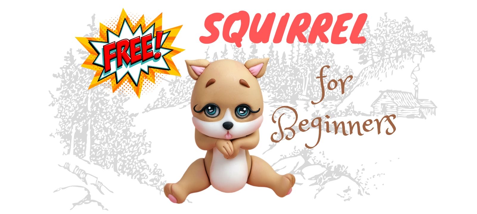 Illustration of a cute cartoon squirrel with the text "FREE! SQUIRREL for Beginners" on a rustic background, perfect for those starting out with fondant cake toppers.