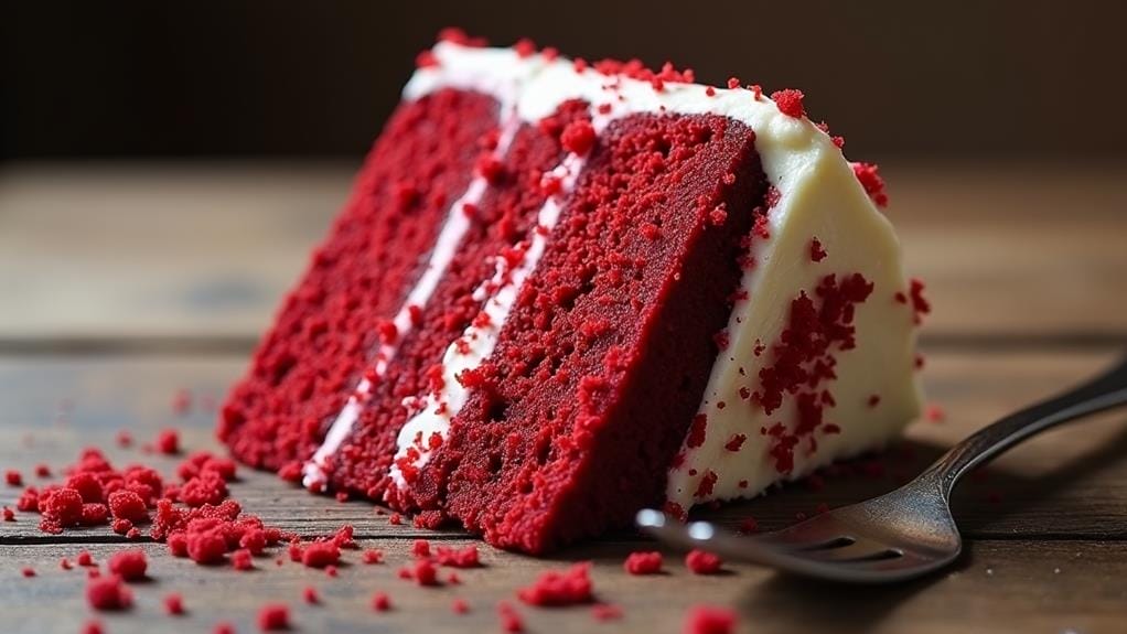 An irresistible slice of red velvet cake with cream cheese frosting rests on a wooden surface, a fork beside it, and red crumbs scattered around.