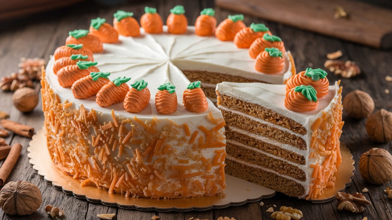 A layered carrot cake with cream cheese frosting, topped with orange icing carrots and a slice removed, sits enticingly on a wooden table, inviting you to discover its delightful recipe.